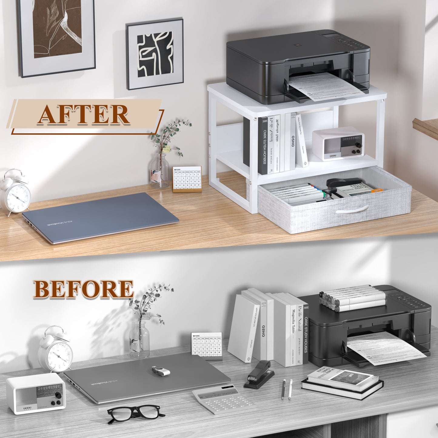 B2B Printer Stand with Storage Drawer for Desk, 2-Tier Desktop Shelf Organzier. KS0011