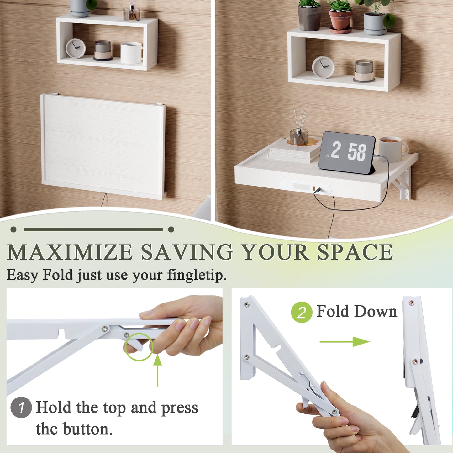 Wall Mounted Folding Bedside Shelf with LED & USB-C Ports. RSW430C