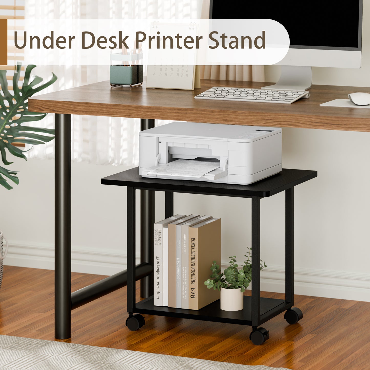 B2B 22"x15.75" Large Under Desk Printer Stand. 2-Tier Rolling Printer Cart with Wheels. KS200