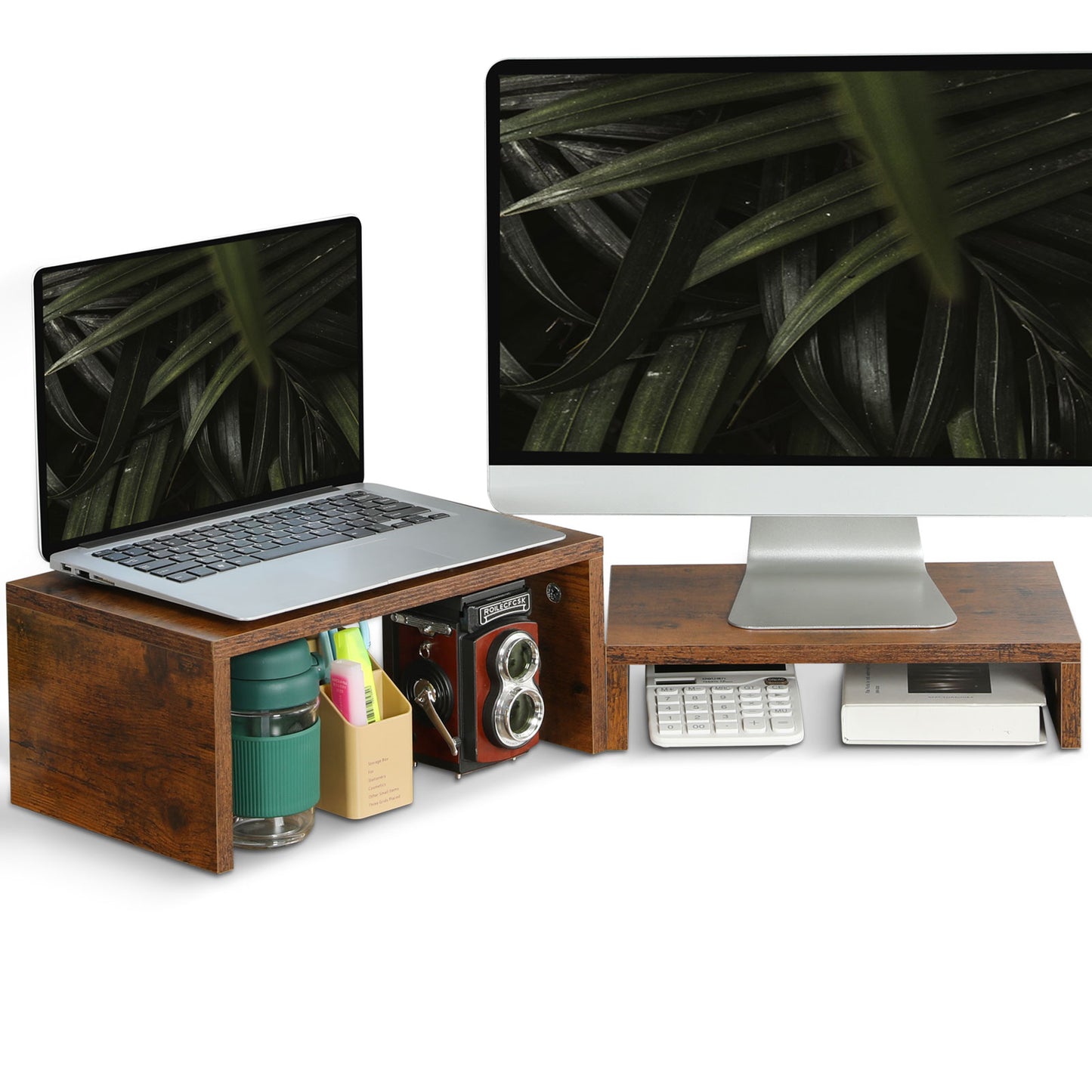 B2B Wood 2 Tier Adjustable Stand for 2 Monitors/Laptop/PC. DS402
