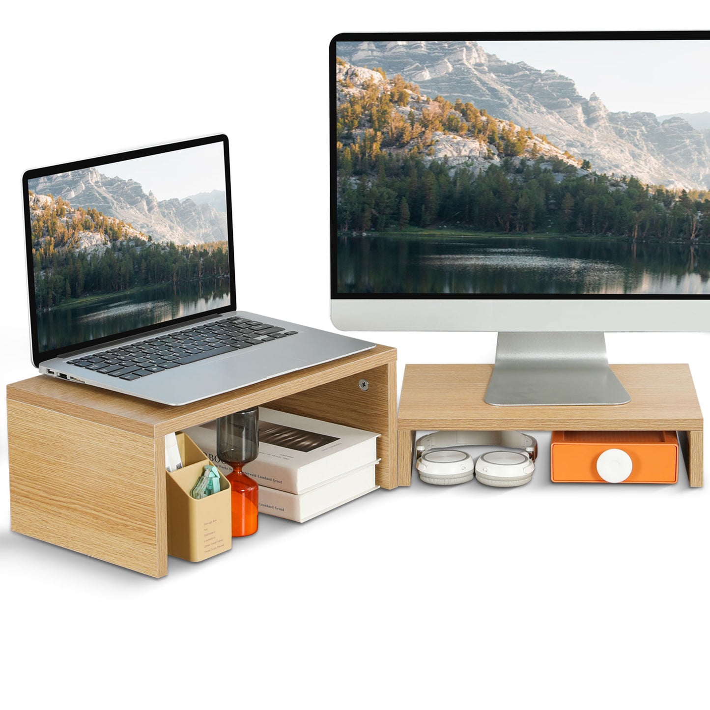 B2B Wood 2 Tier Adjustable Stand for 2 Monitors/Laptop/PC. DS402