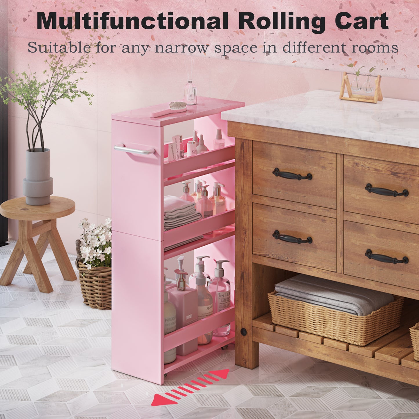 B2B 4-Tier Slim Storage Cart with Handles, Rolling Pull-Out Organizer. KS4