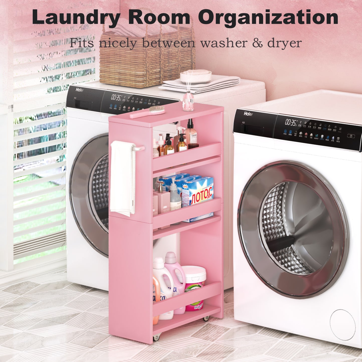 B2B 4-Tier Slim Storage Cart with Handles, Rolling Pull-Out Organizer. KS4