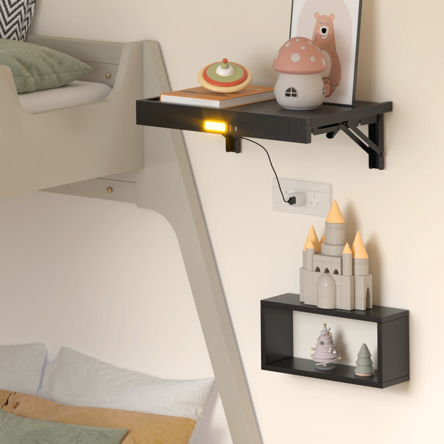 Wall Mounted Folding Bedside Shelf with LED & USB-C Ports. RSW430C