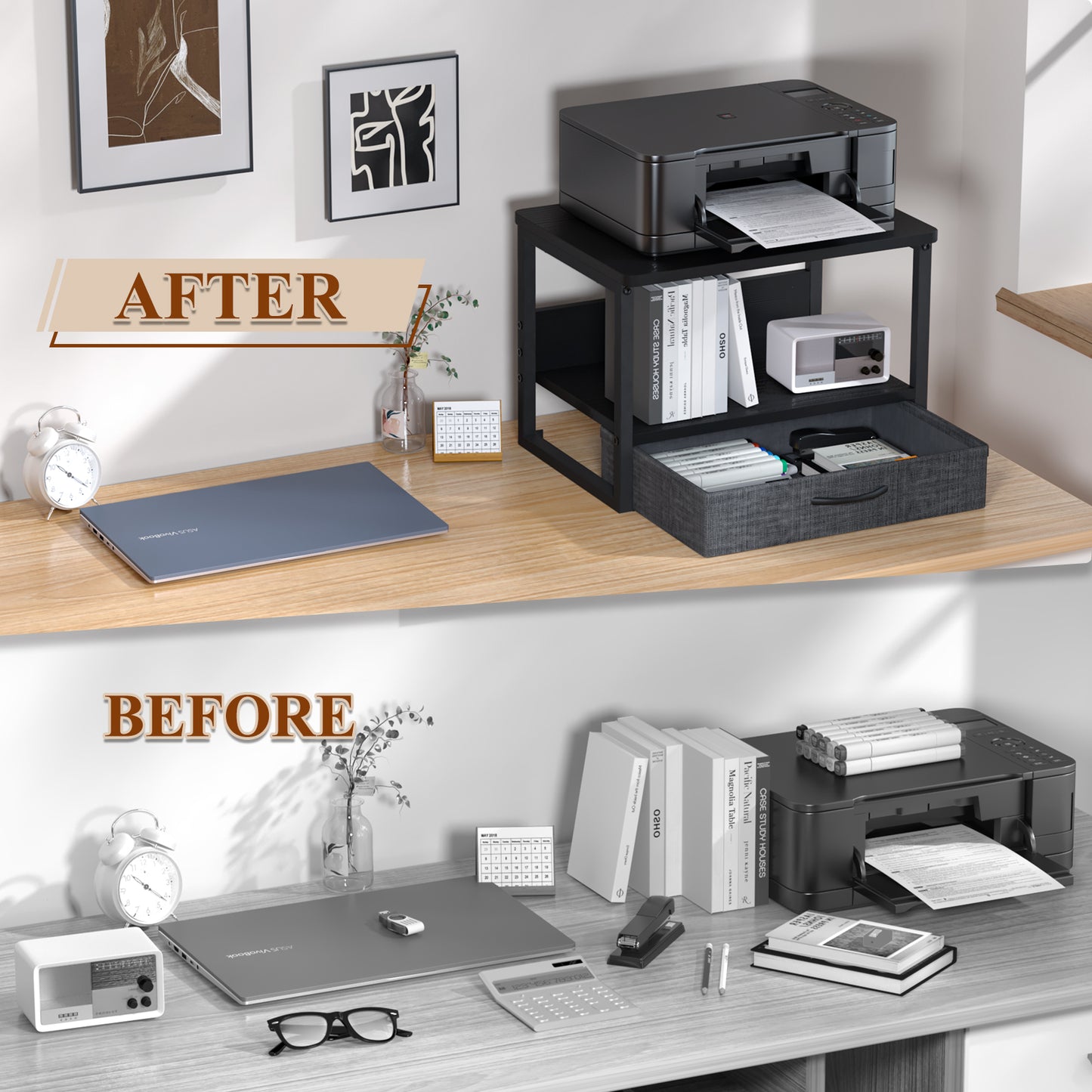 B2B Printer Stand with Storage Drawer for Desk, 2-Tier Desktop Shelf Organzier. KS0011