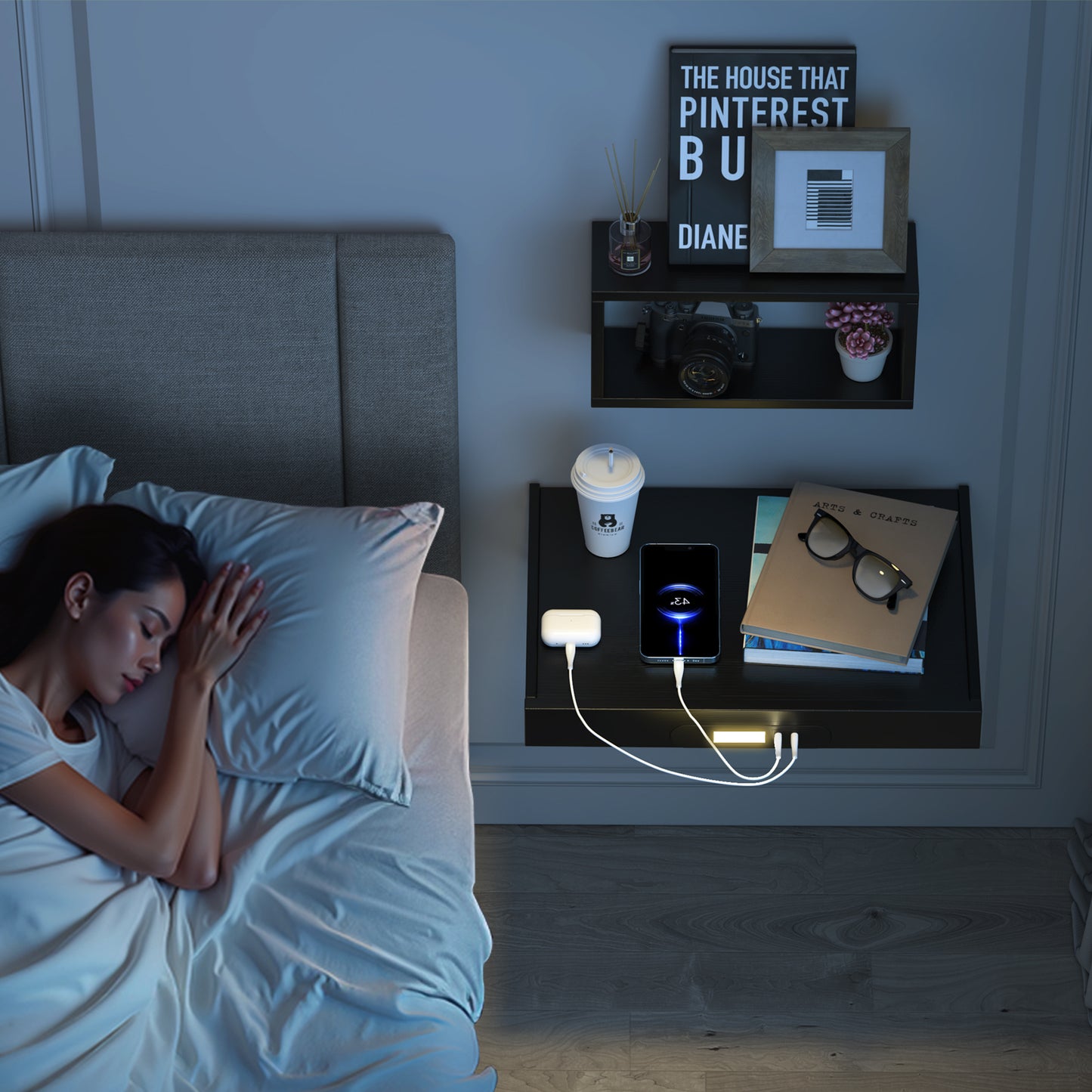 Wall Mounted Folding Bedside Shelf with LED & USB-C Ports. RSW430C