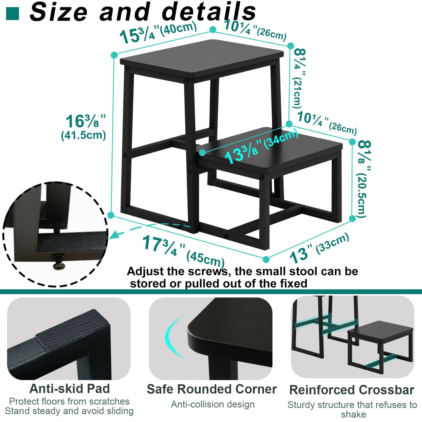 B2B Two Step Stool for Adults,Holds up to 500Lb,Wooden&Metal Frame. SK402