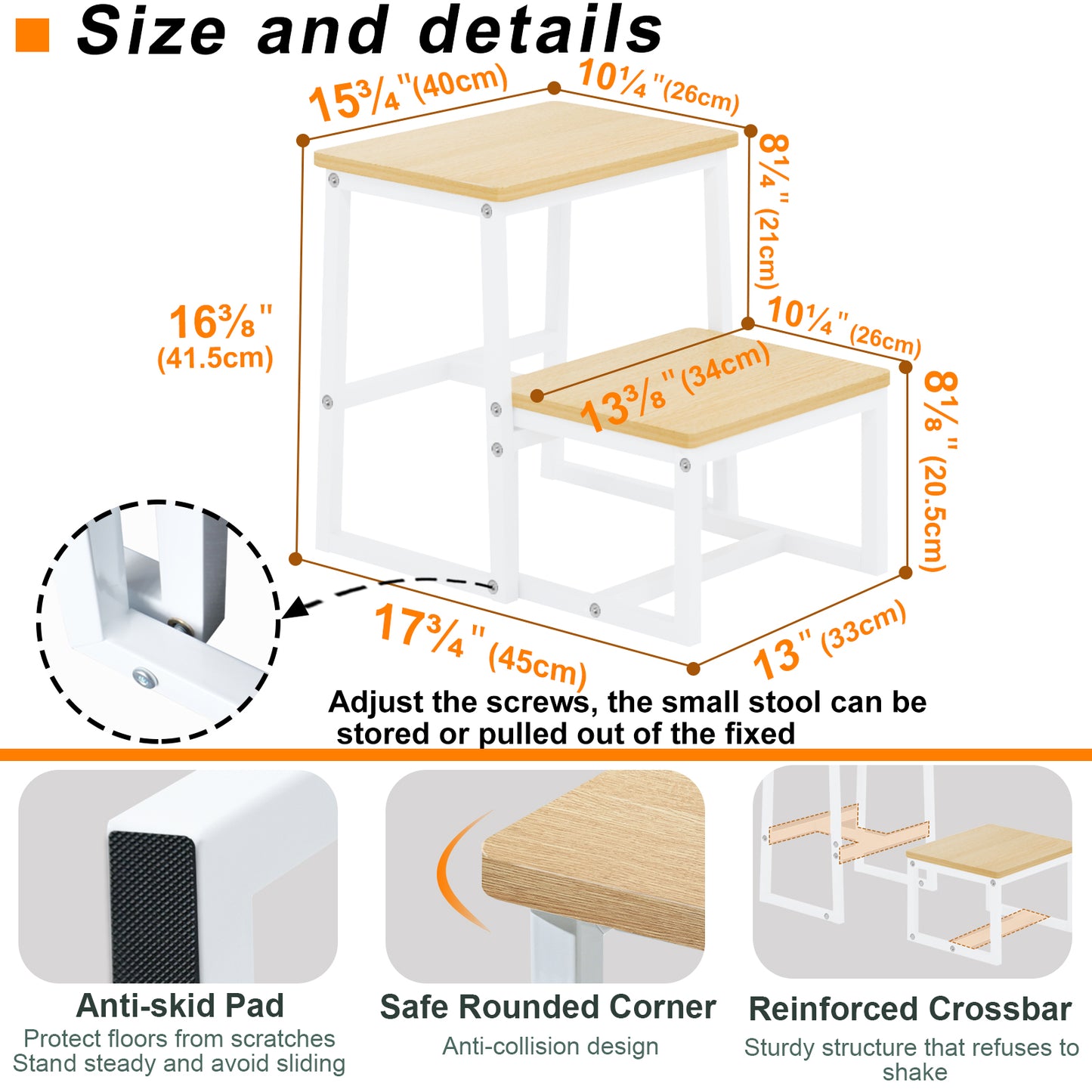 B2B Two Step Stool for Adults,Holds up to 500Lb,Wooden&Metal Frame. SK402