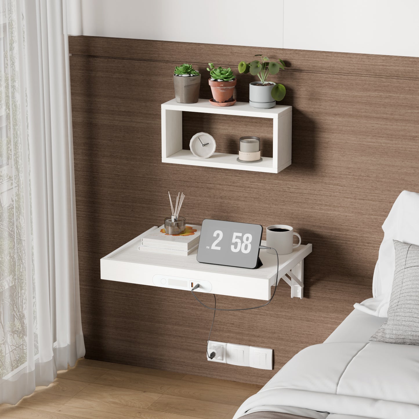 Wall Mounted Folding Bedside Shelf with LED & USB-C Ports. RSW430C