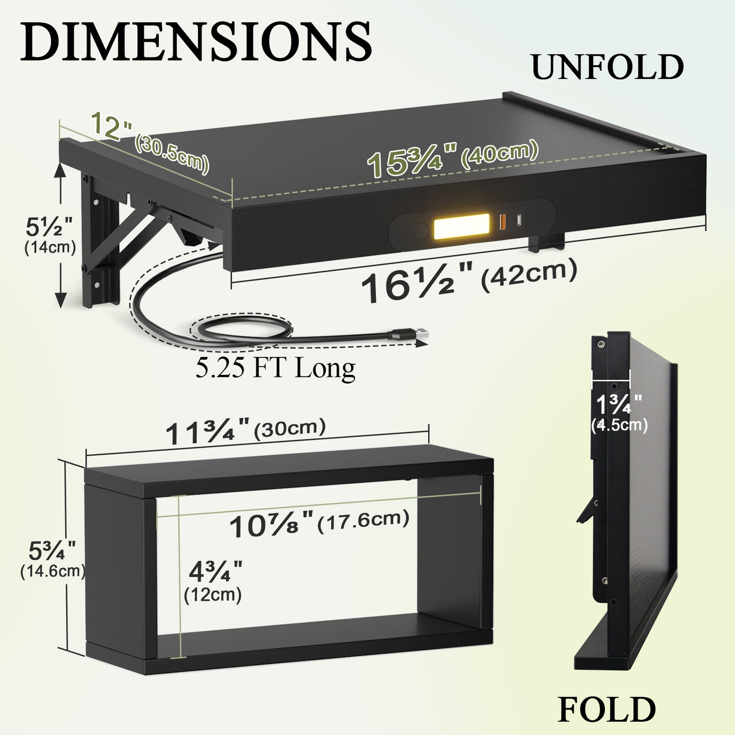 Wall Mounted Folding Bedside Shelf with LED & USB-C Ports. RSW430C