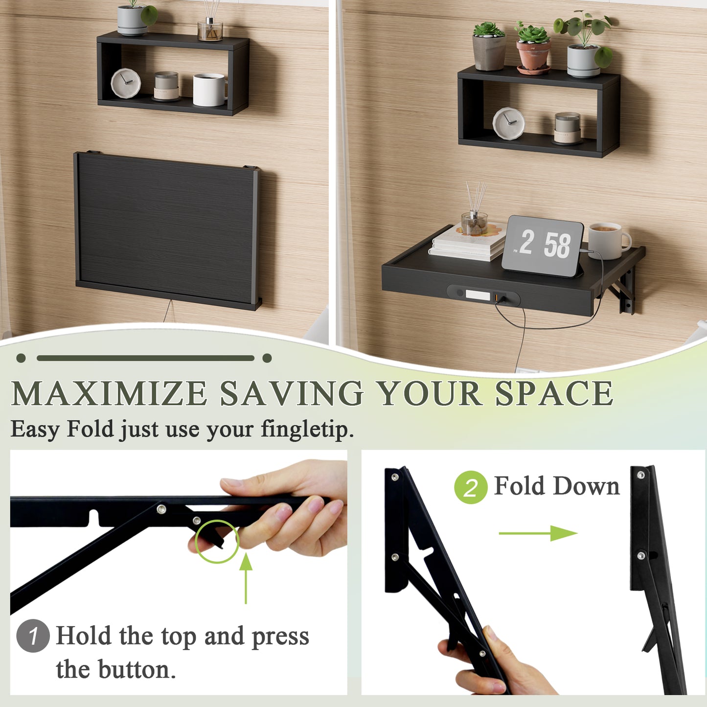 Wall Mounted Folding Bedside Shelf with LED & USB-C Ports. RSW430C