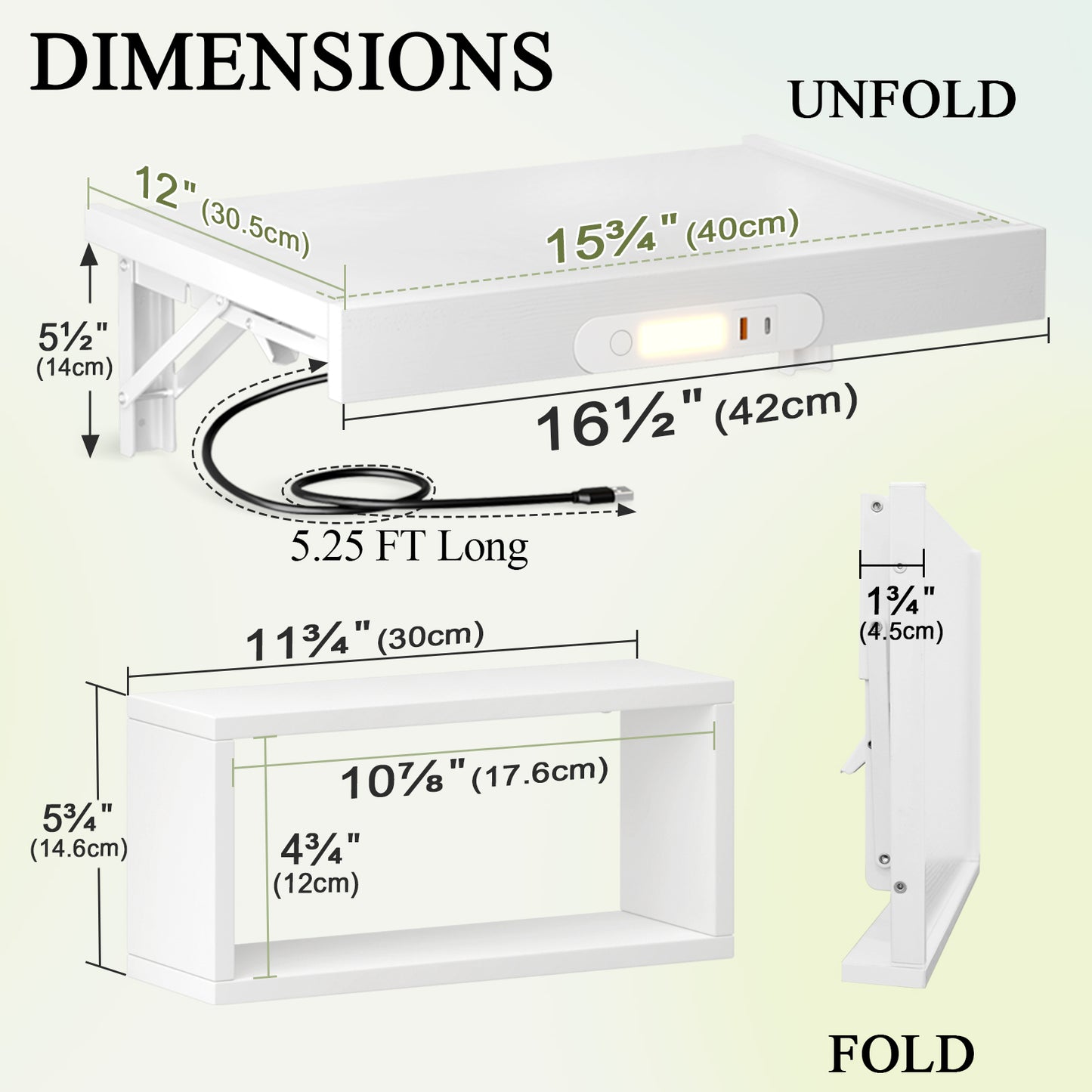 Wall Mounted Folding Bedside Shelf with LED & USB-C Ports. RSW430C