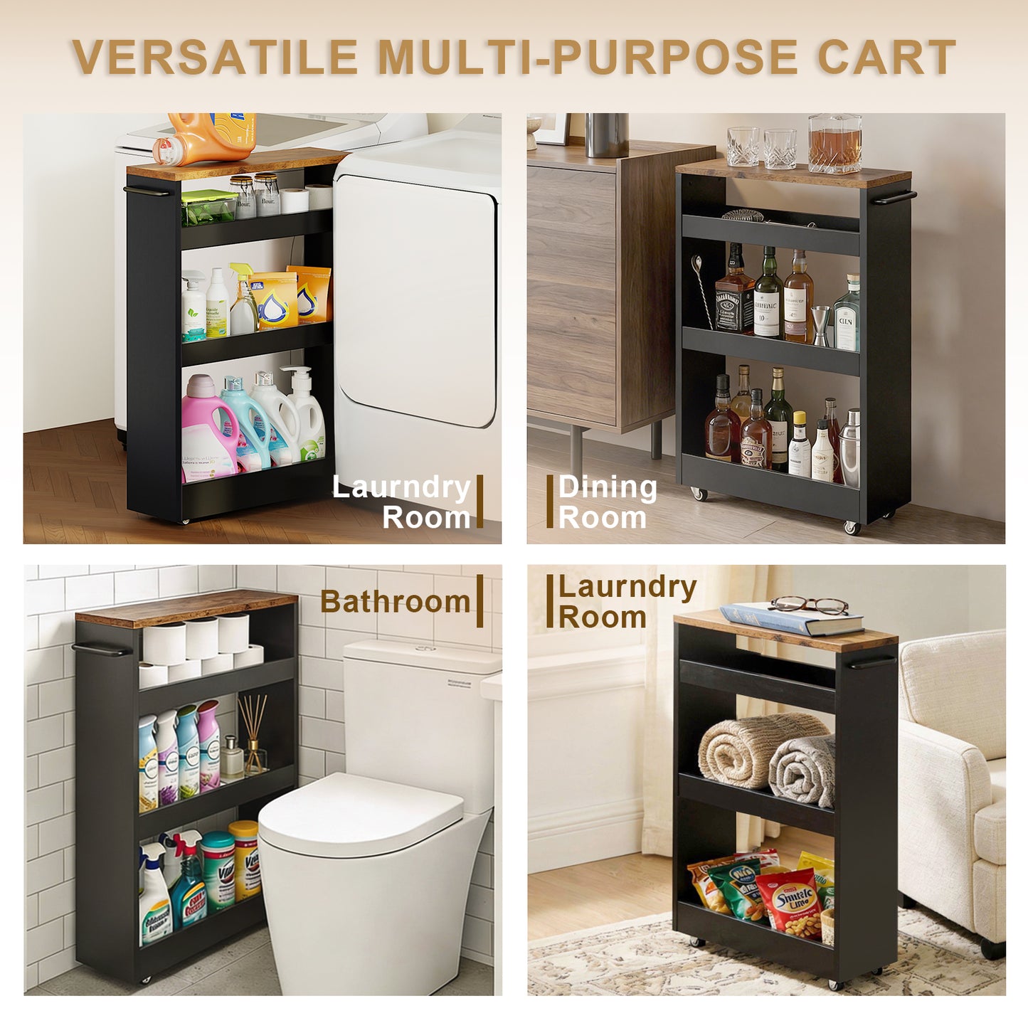 B2B 24.8D×7.9W, Slim Rolling Storage Cart, Adjustable Height, Deep Basket. KS614