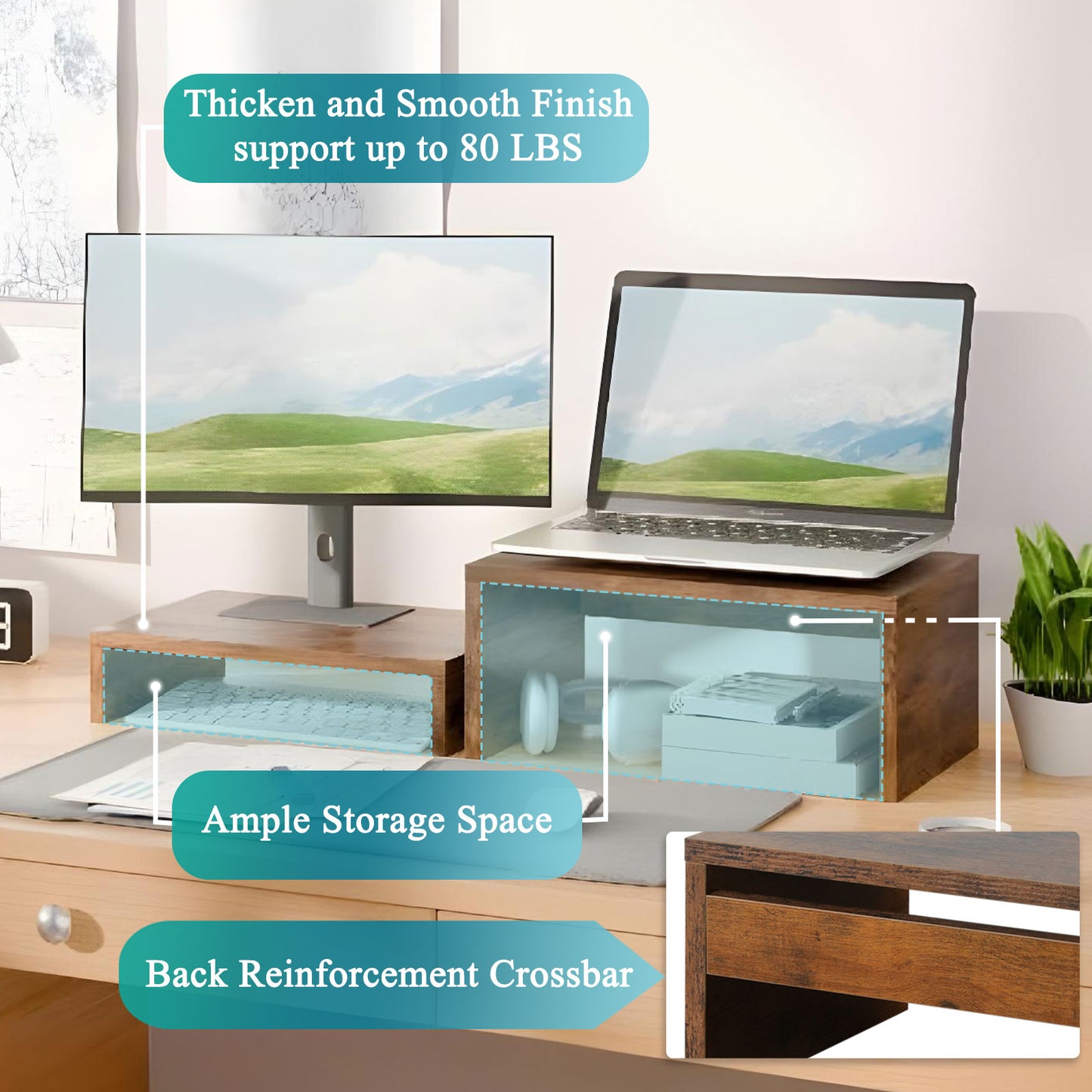 B2B Wood 2 Tier Adjustable Stand for 2 Monitors/Laptop/PC. DS402