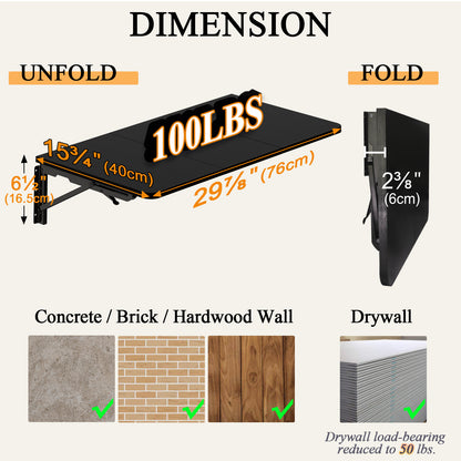 B2B 29.9"W x 15.7"D Folding Table Wall Mounted Desk with Heavy Duty Brackets for Storage. RSW840