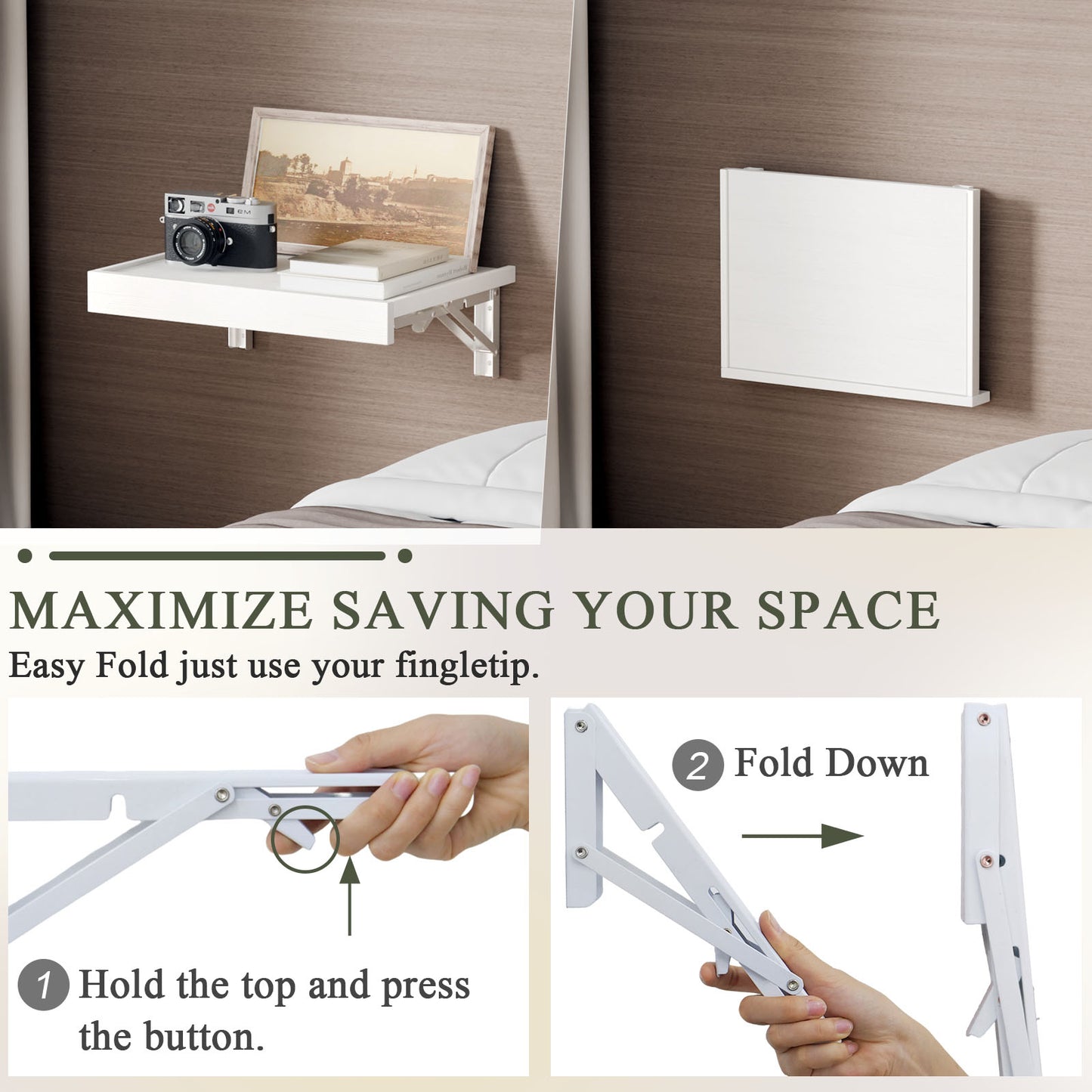16.5''x12'' Wall Mounted Folding Bedside Shelf, Space Saving Tray. RSW430
