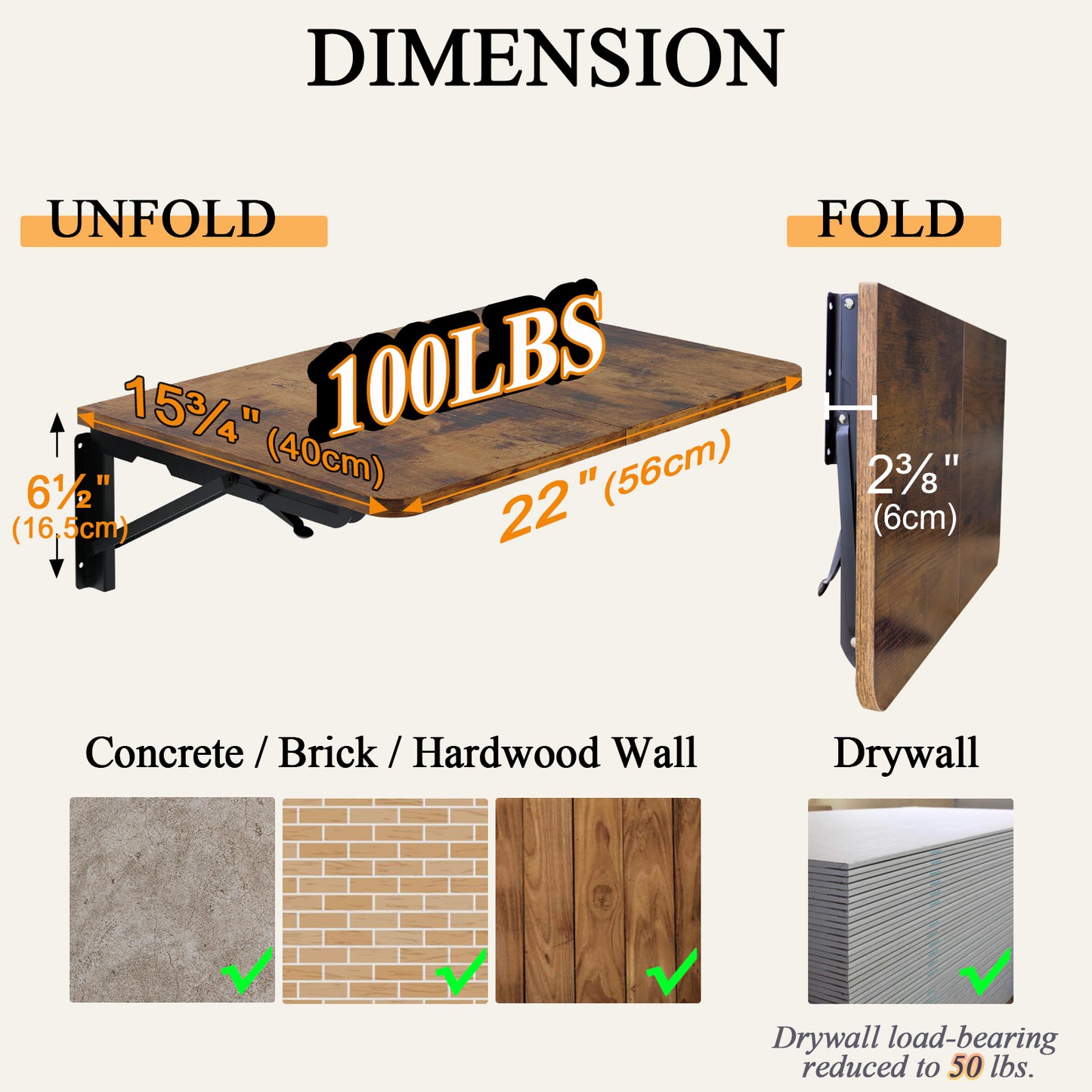 22"W x 15.7"D Wall Mounted Folding Table, Floating Desk for Small Spaces. RSW640