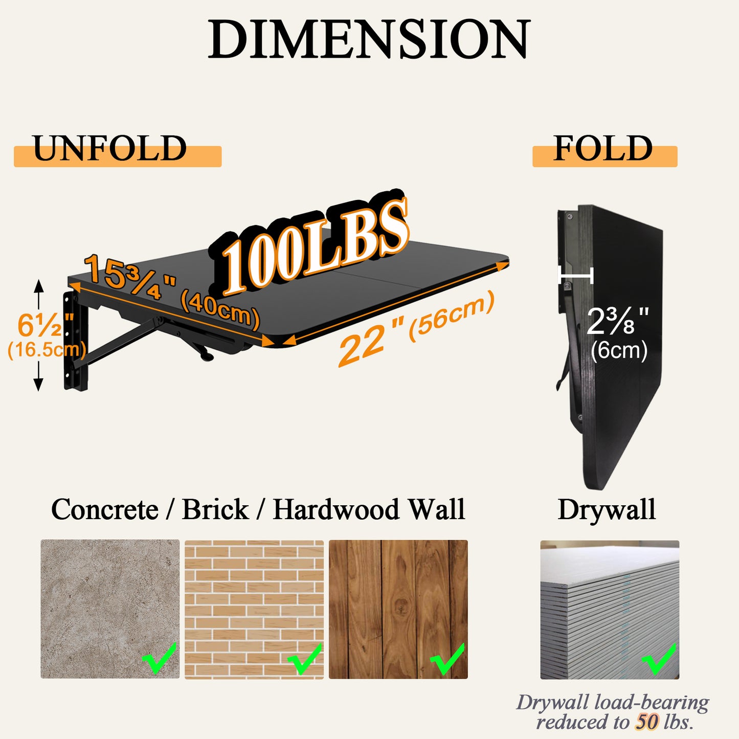 22"W x 15.7"D Wall Mounted Folding Table, Floating Desk for Small Spaces. RSW640