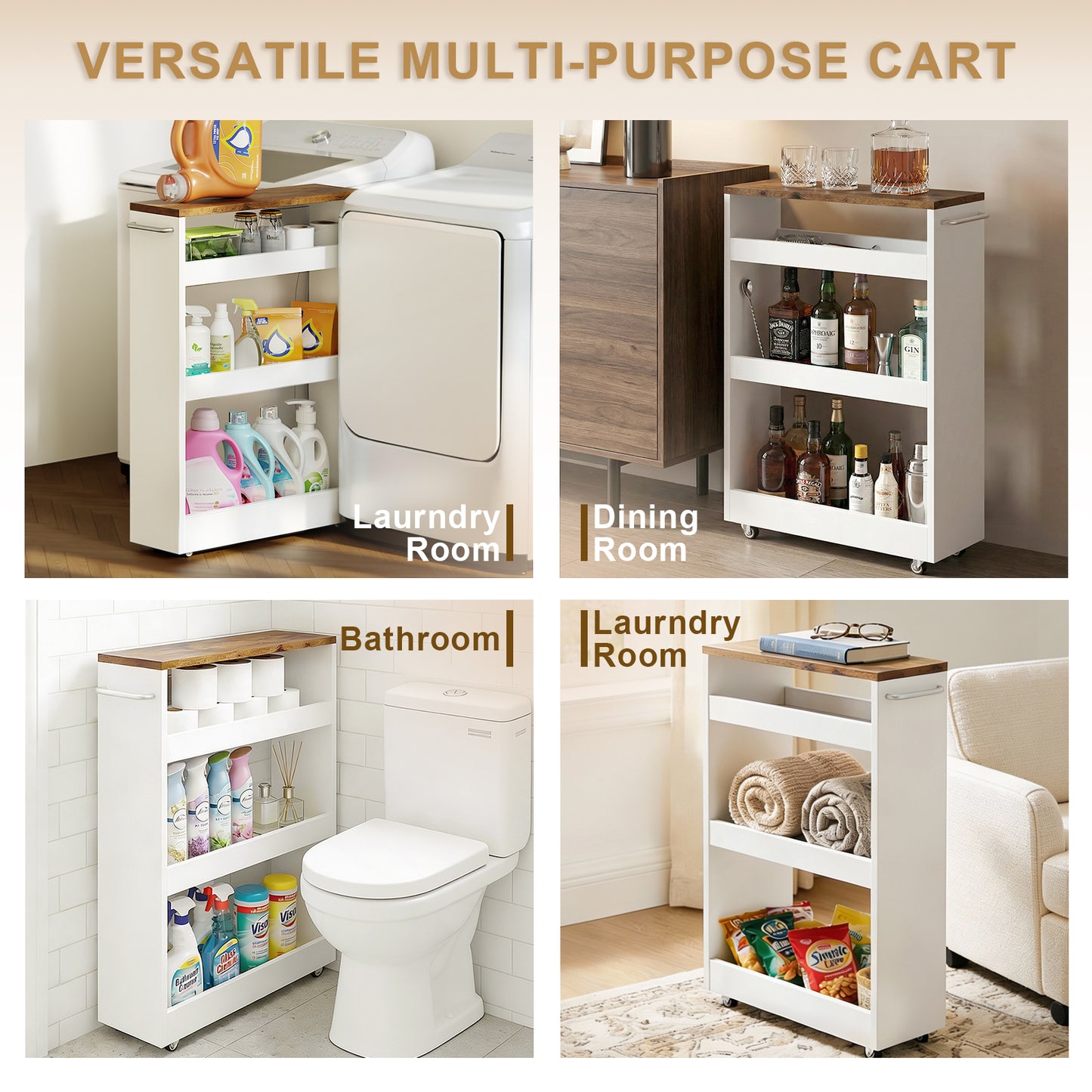 B2B 24.8D×7.9W, Slim Rolling Storage Cart, Adjustable Height, Deep Basket. KS614