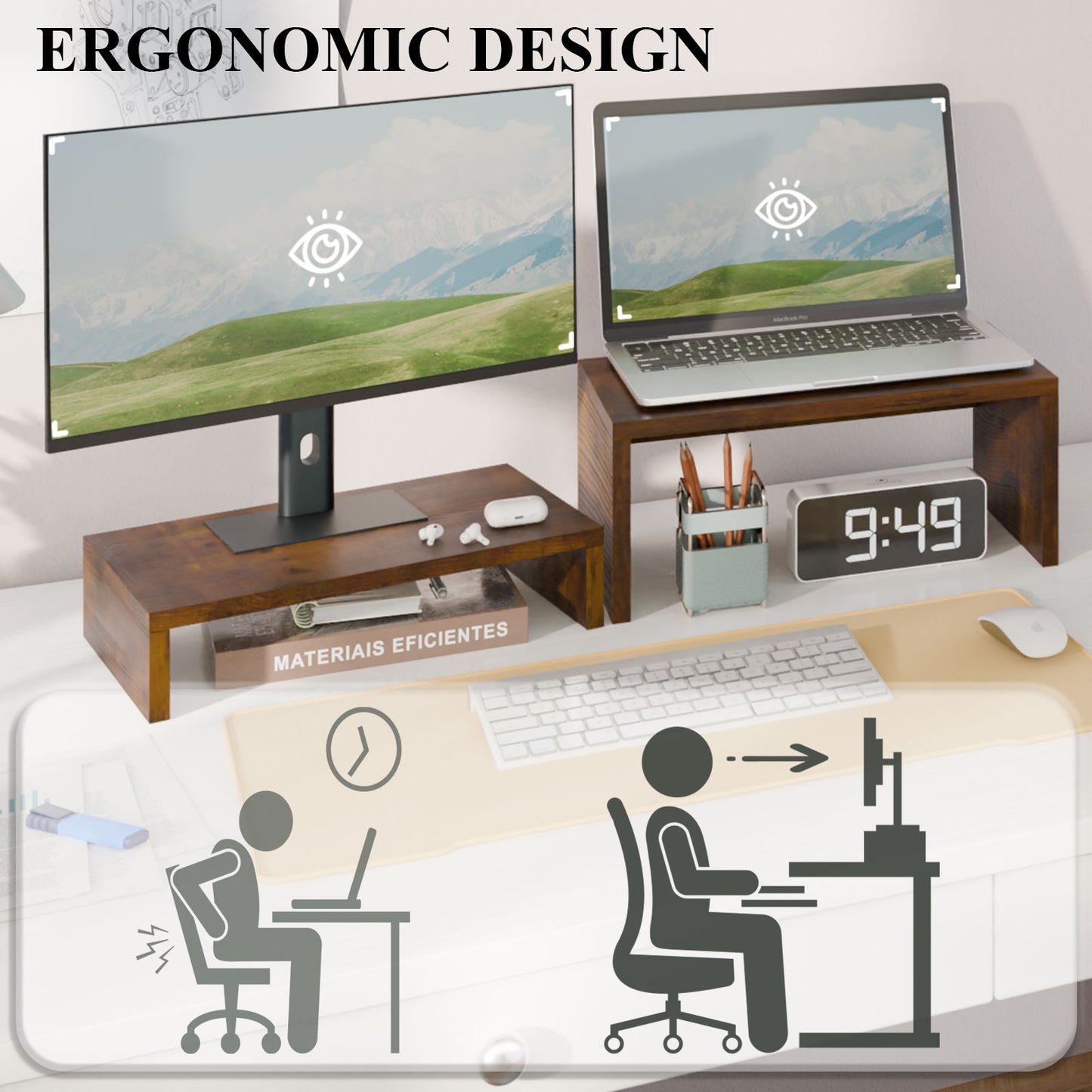 B2B Wood 2 Tier Adjustable Stand for 2 Monitors/Laptop/PC. DS402