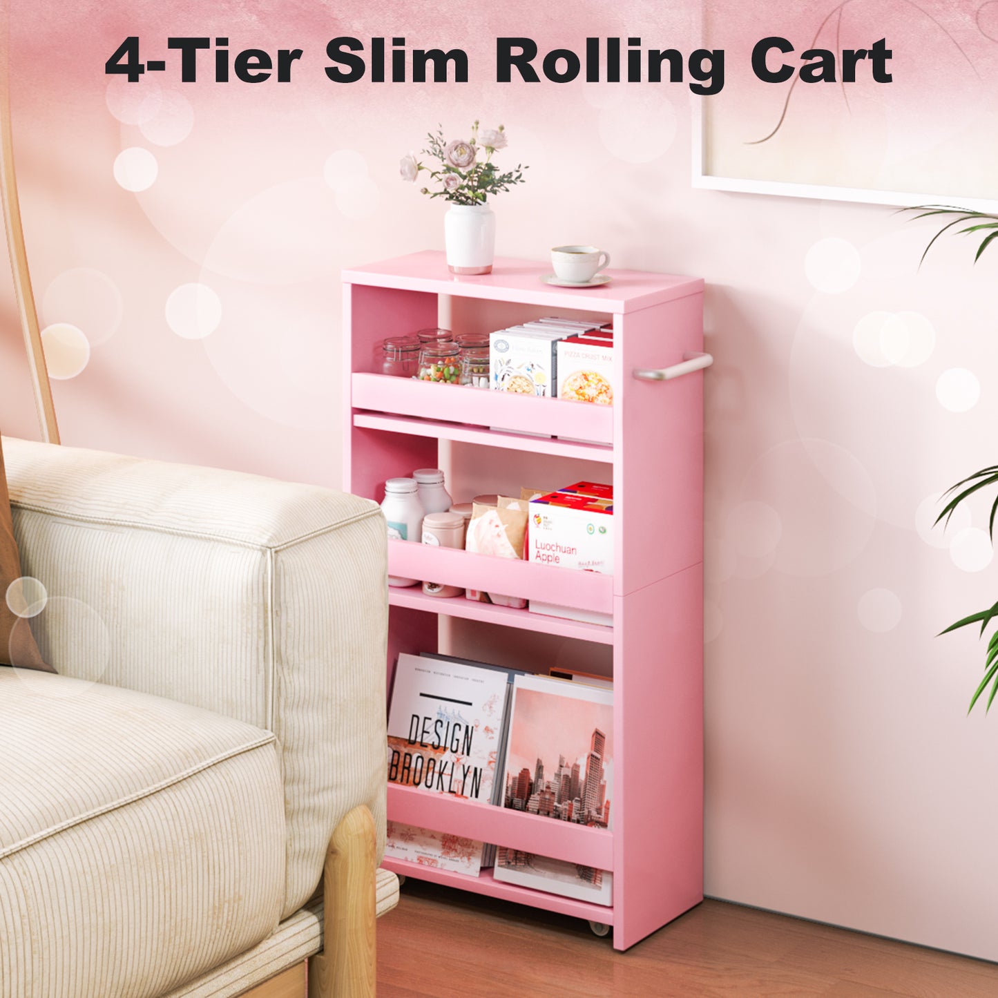 B2B 4-Tier Slim Storage Cart with Handles, Rolling Pull-Out Organizer. KS4