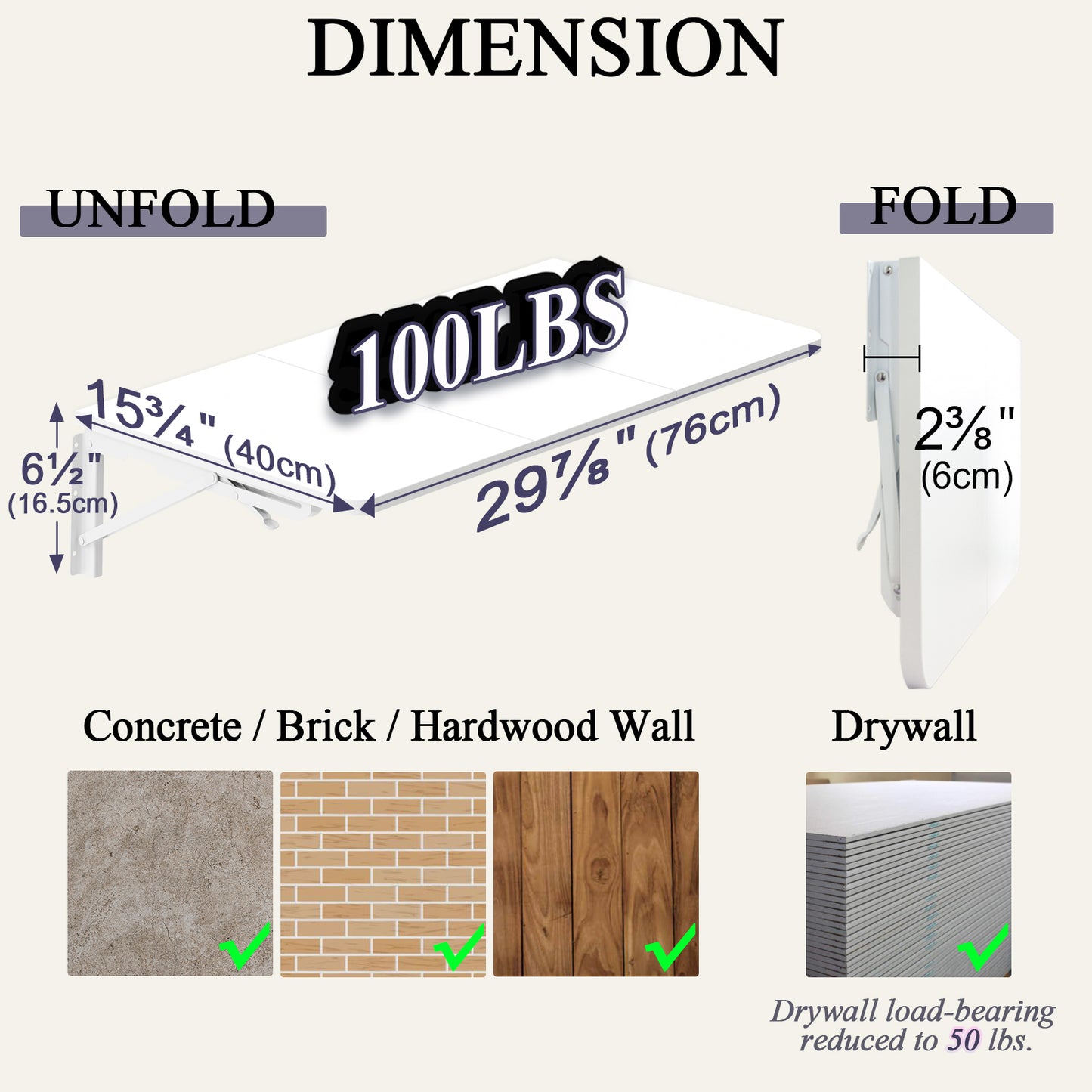 B2B 29.9"W x 15.7"D Folding Table Wall Mounted Desk with Heavy Duty Brackets for Storage. RSW840