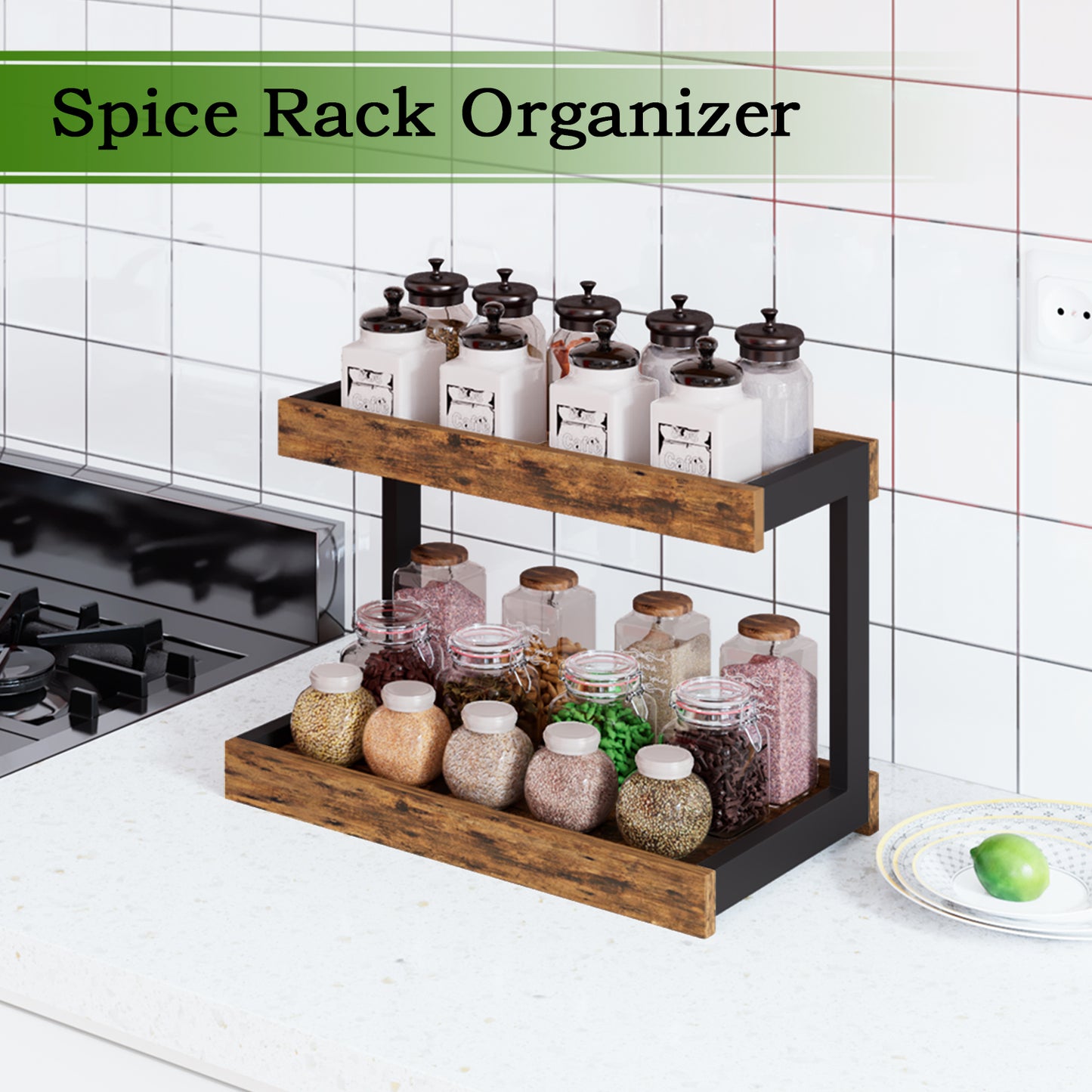 2 Tier Spice Rack Organizer for Countertop, Counter Shelf Desktop Storage. KS002
