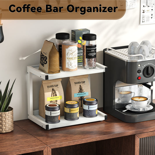 B2B 2 Tier Wood Counter Shelf Organizer, 12.6"×7.7" | Kitchen Spice Rack, Coffee Mug Holder, Multi-use Storage for Bathroom & Office. KS0021