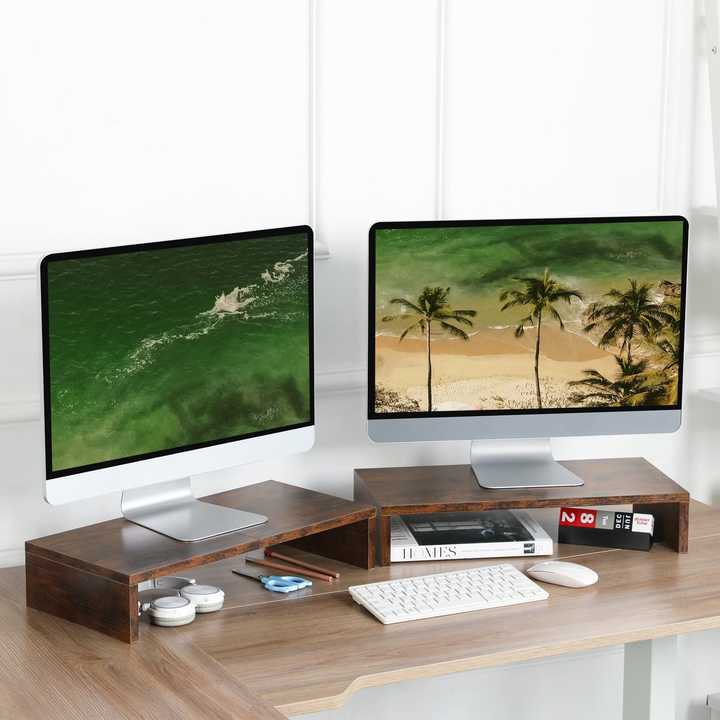 B2B 2-Pack 20" Wood Monitor Stand Riser with Keyboard Shelf. DS500X2