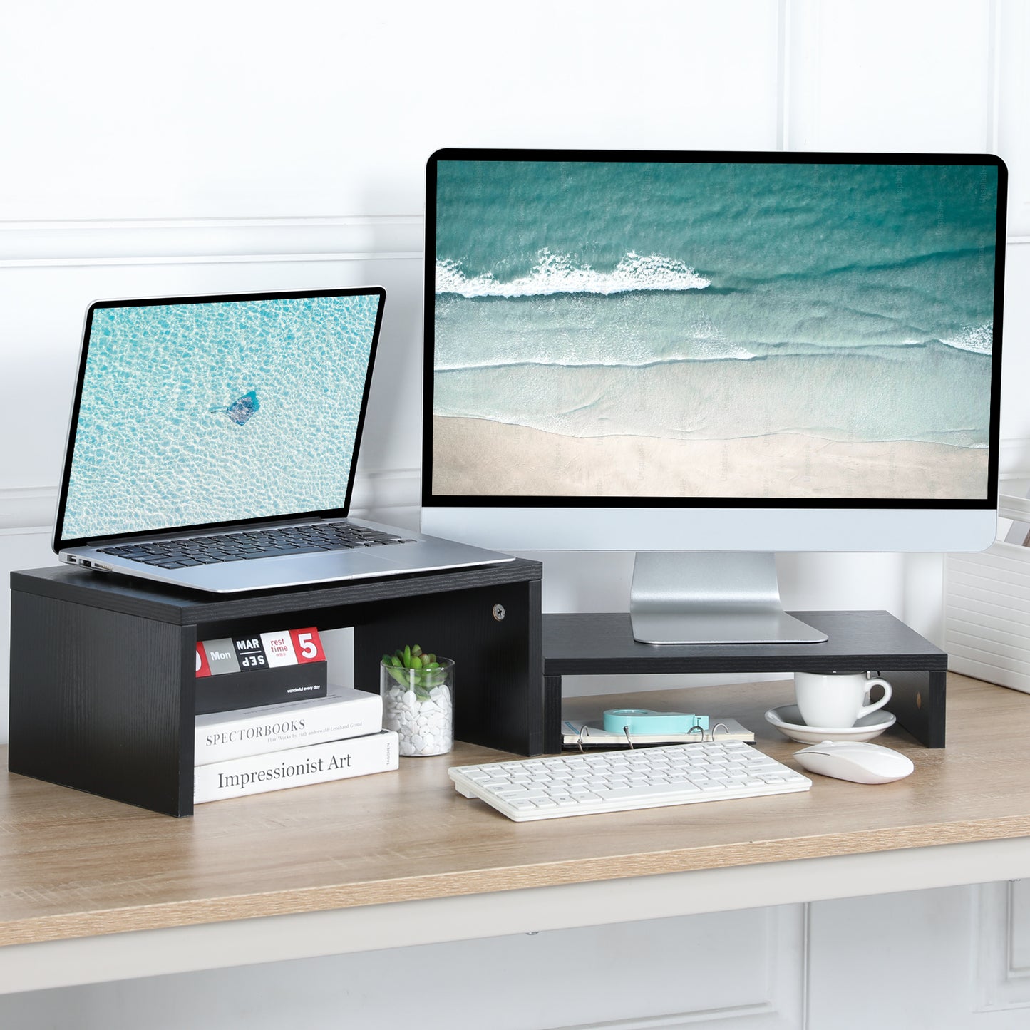 Wood 2 Tier Adjustable Stand for 2 Monitors/Laptop/PC. DS402