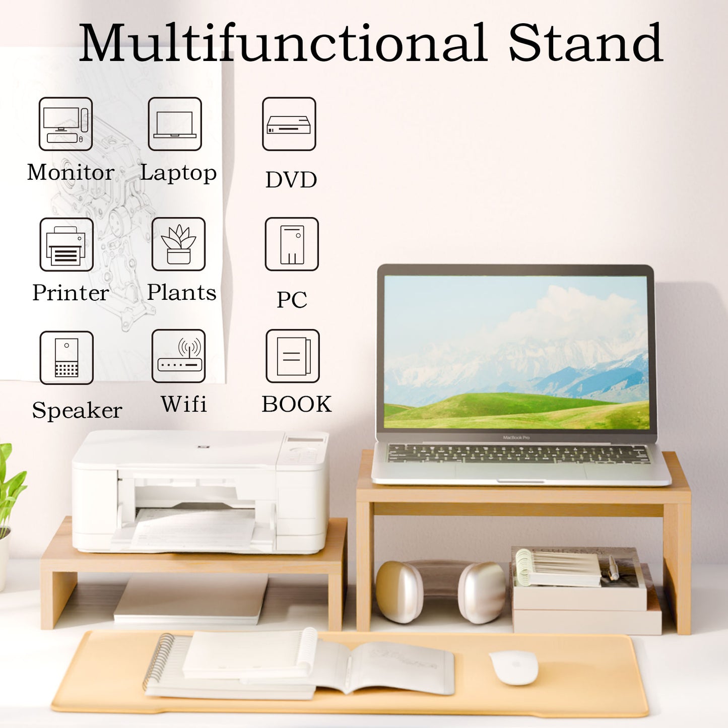 Wood 2 Tier Adjustable Stand for 2 Monitors/Laptop/PC. DS402