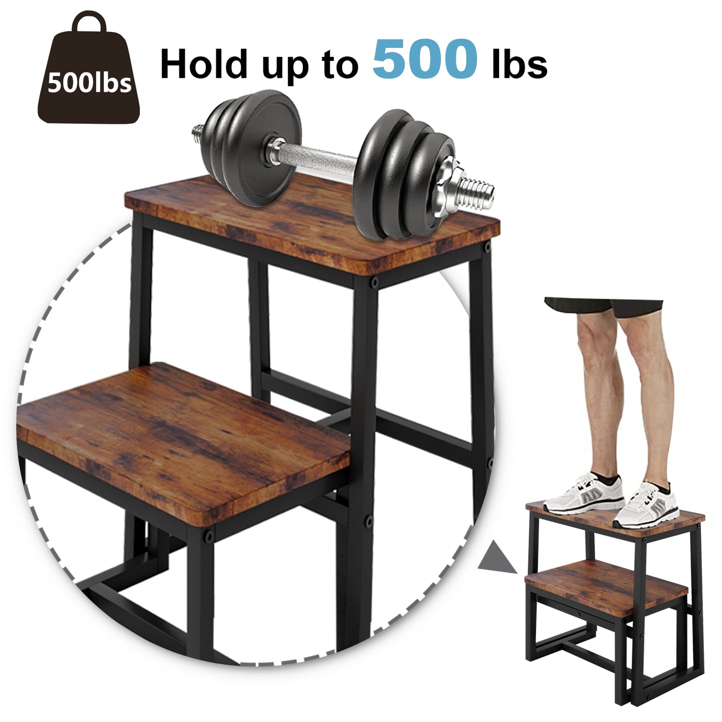 B2B Two Step Stool for Adults,Holds up to 500Lb,Wooden&Metal Frame. SK402