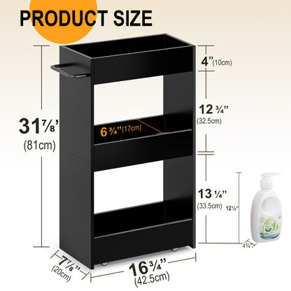 3 Tier 7.9" W Wood Rolling Storage Cart with Handle Mobile Shelving Unit for Small Places. KS413