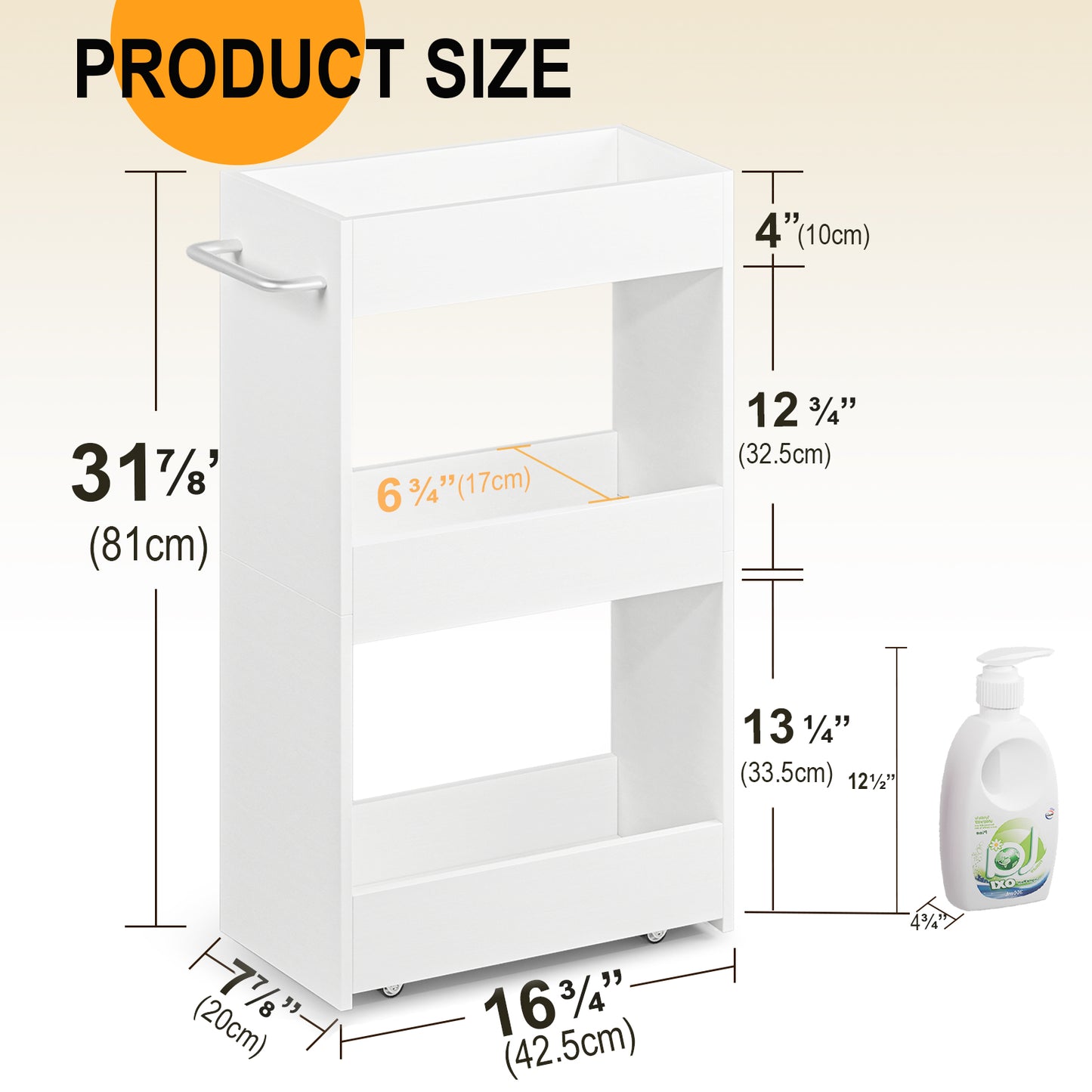 3 Tier 7.9" W Wood Rolling Storage Cart with Handle Mobile Shelving Unit for Small Places. KS413
