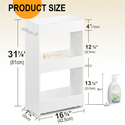 3 Tier 7.9" W Wood Rolling Storage Cart with Handle Mobile Shelving Unit for Small Places. KS413