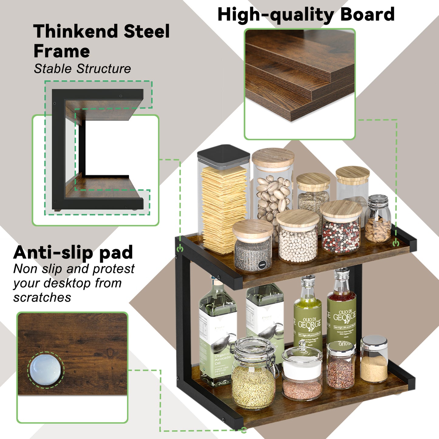 12.6"×7.7" 2-Tier Wood Counter Shelf, Kitchen Spice Rack Organizer. KS0021