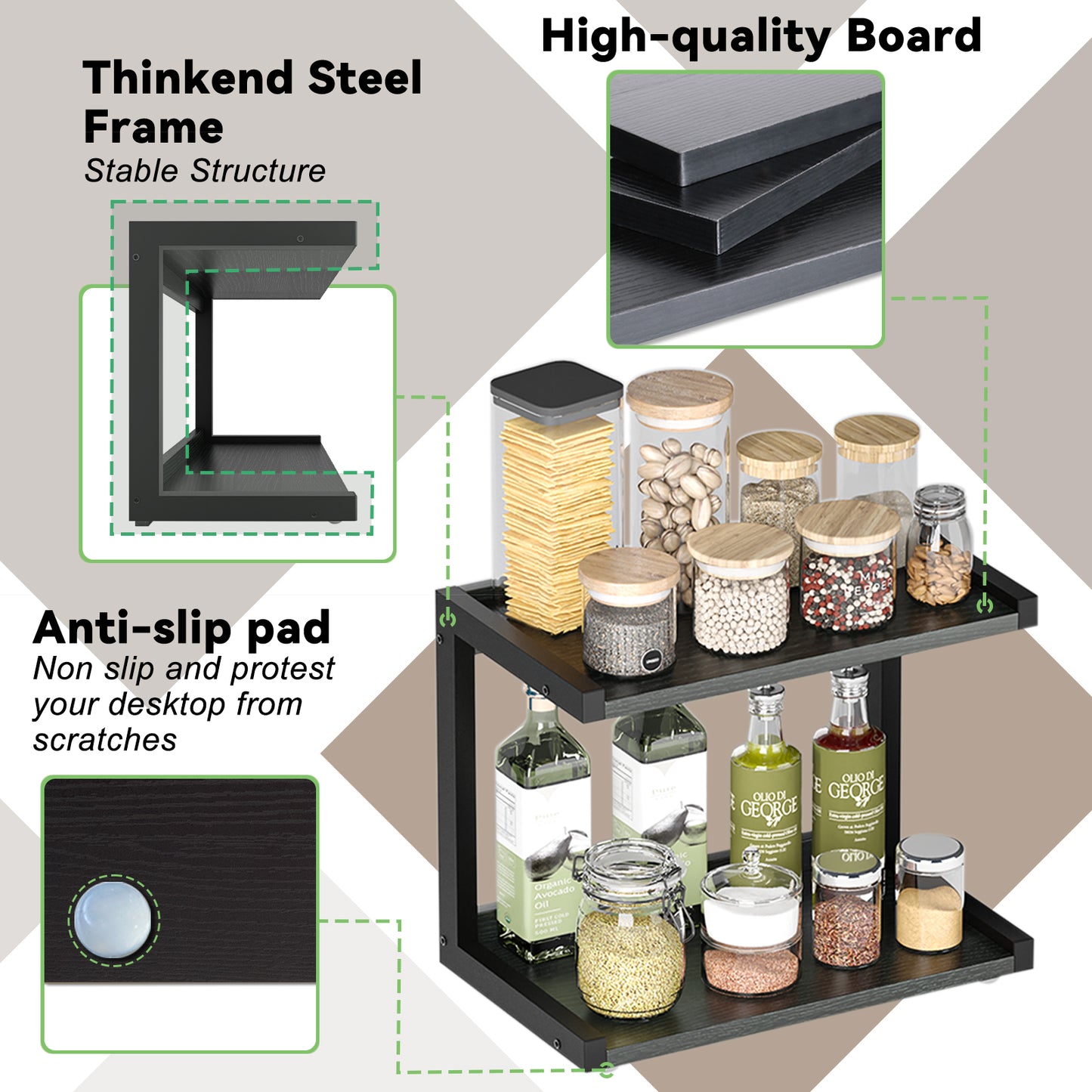 12.6"×7.7" 2-Tier Wood Counter Shelf, Kitchen Spice Rack Organizer. KS0021