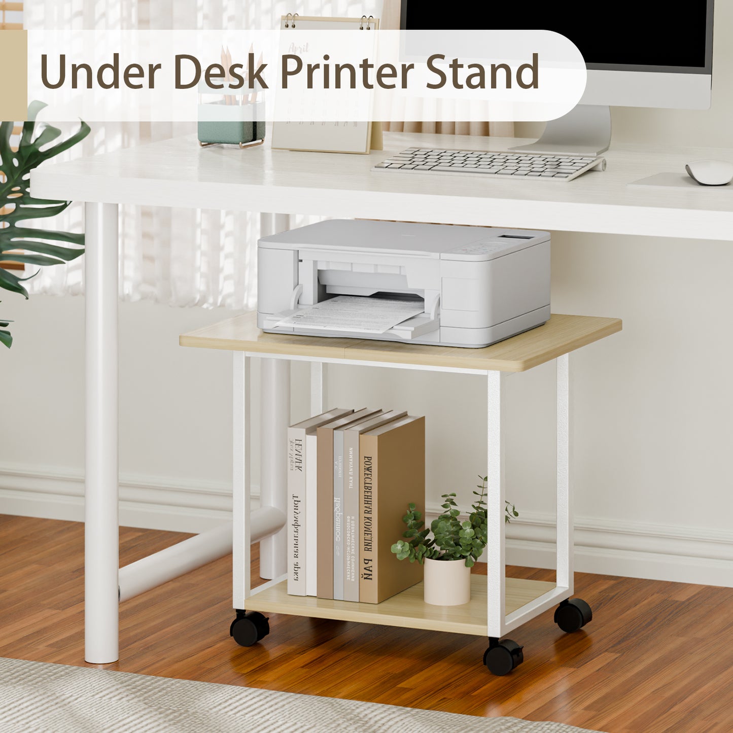 22"x15.75" Large Under Desk Printer Stand. 2-Tier Rolling Printer Cart with Wheels. KS200