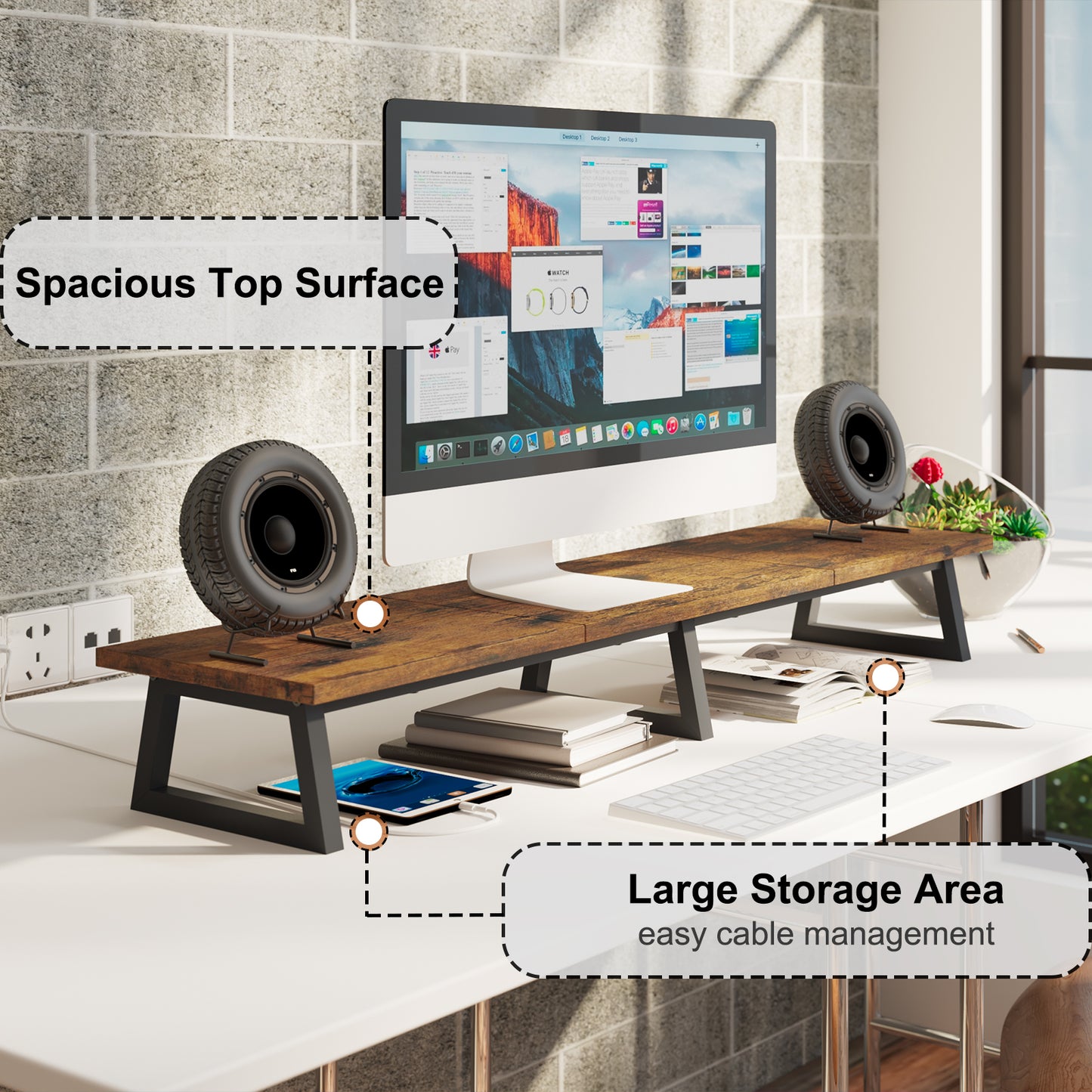 42 inch Large Dual Monitor Riser, Wood & Steel Desktop Riser Desk Organization. DS100