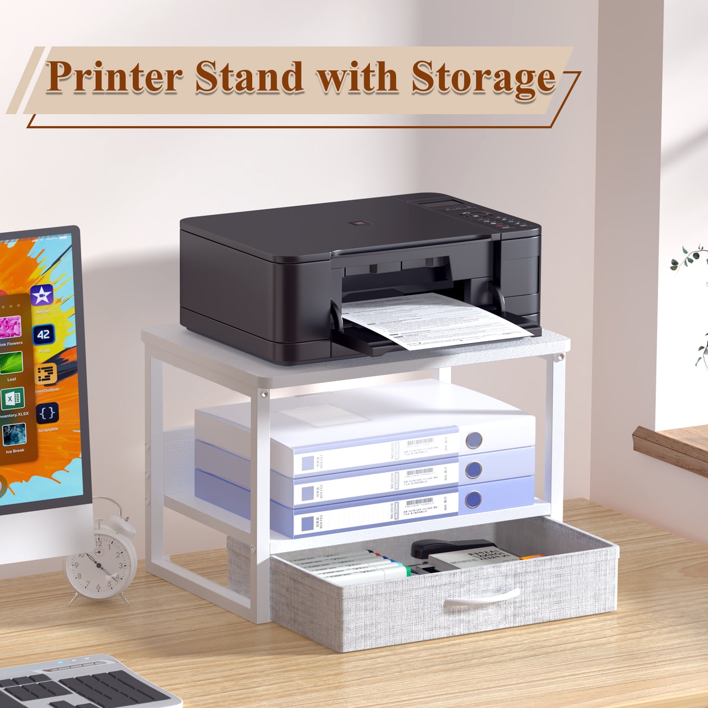 B2B Printer Stand with Storage Drawer for Desk, 2-Tier Desktop Shelf Organzier. KS0011