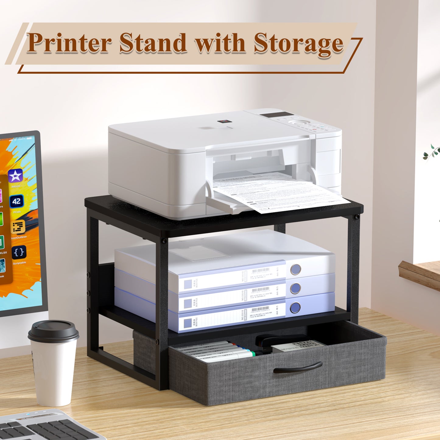 Printer Stand with Storage Drawer for Desk, 2-Tier Desktop Shelf Organzier
