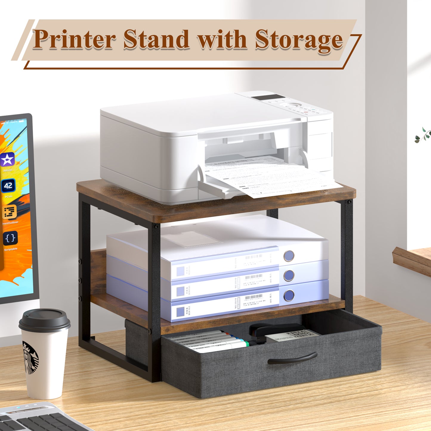 B2B Printer Stand with Storage Drawer for Desk, 2-Tier Desktop Shelf Organzier. KS0011