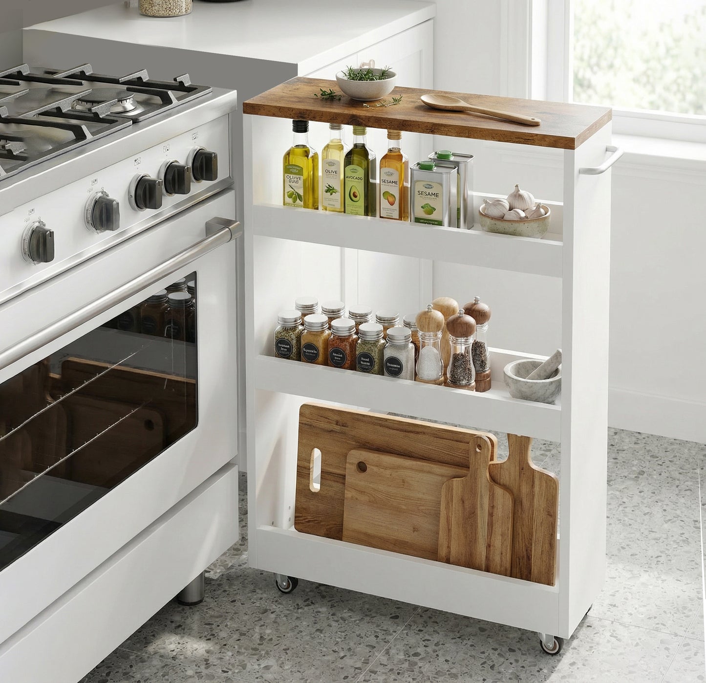 B2B 24.8D×7.9W, Slim Rolling Storage Cart, Adjustable Height, Deep Basket. KS614