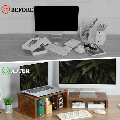 B2B Wood 2 Tier Adjustable Stand for 2 Monitors/Laptop/PC. DS402