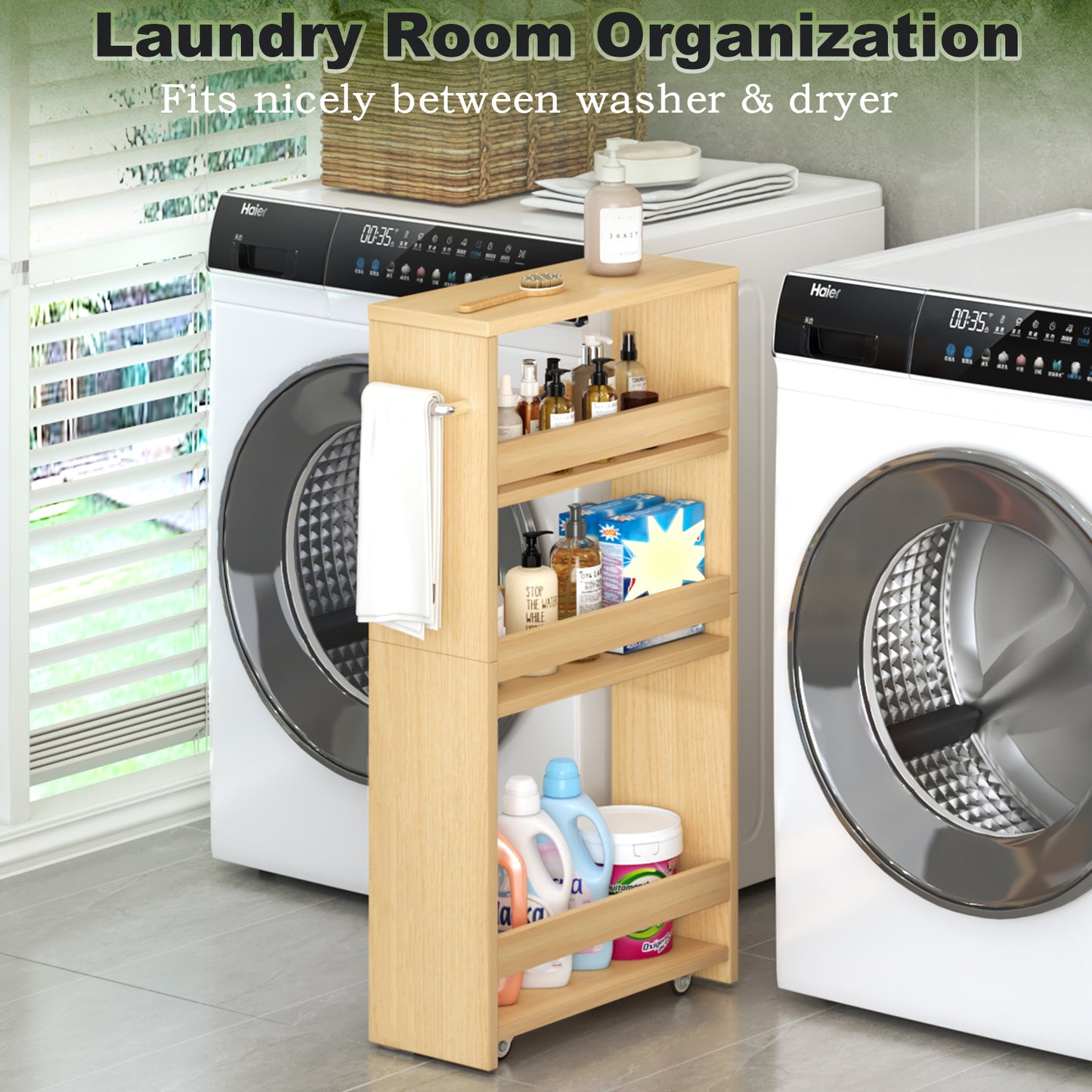 B2B 4-Tier Slim Storage Cart with Handles, Rolling Pull-Out Organizer. KS4