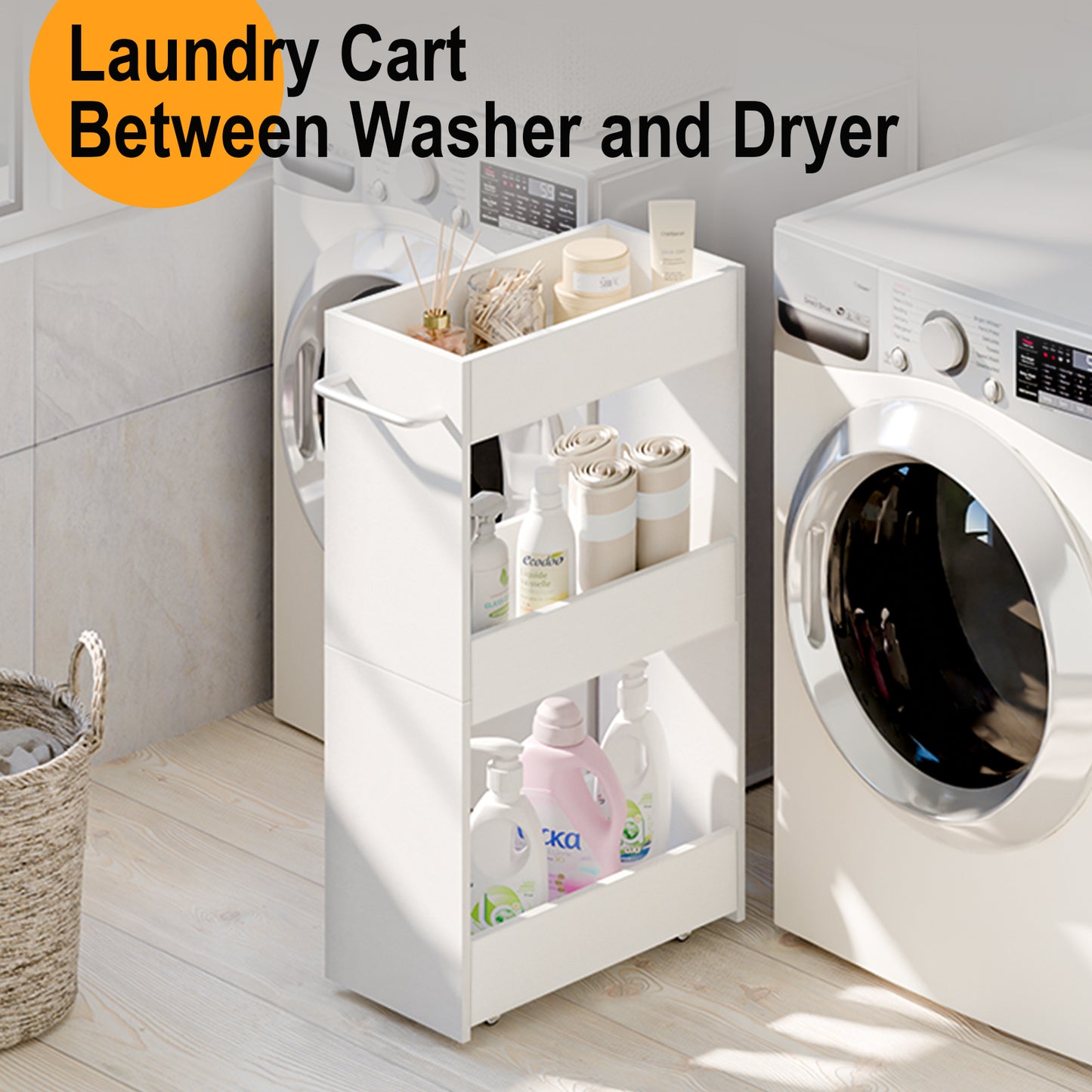 3 Tier 7.9" W Wood Rolling Storage Cart with Handle Mobile Shelving Unit for Small Places. KS413