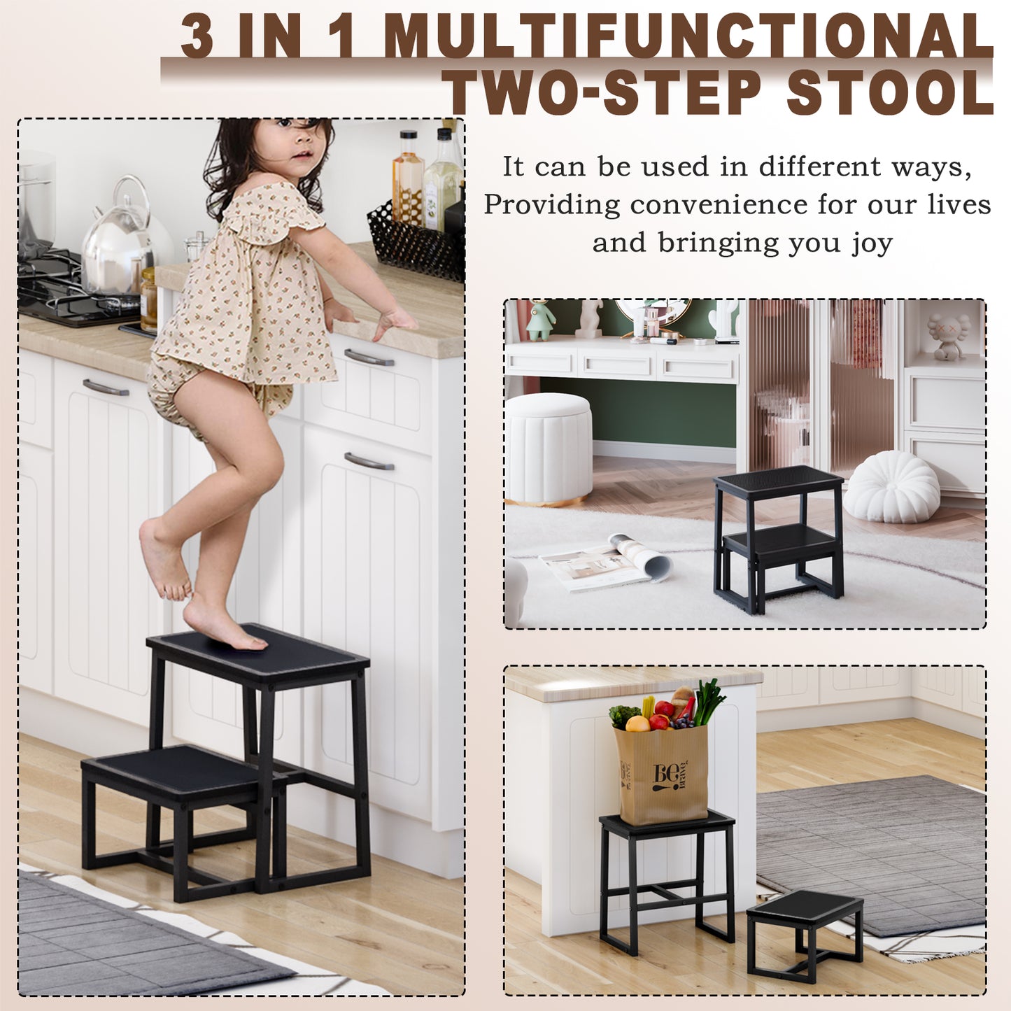 B2B Two Step Stool for Adults,Holds up to 500Lb,Wooden&Metal Frame. SK402