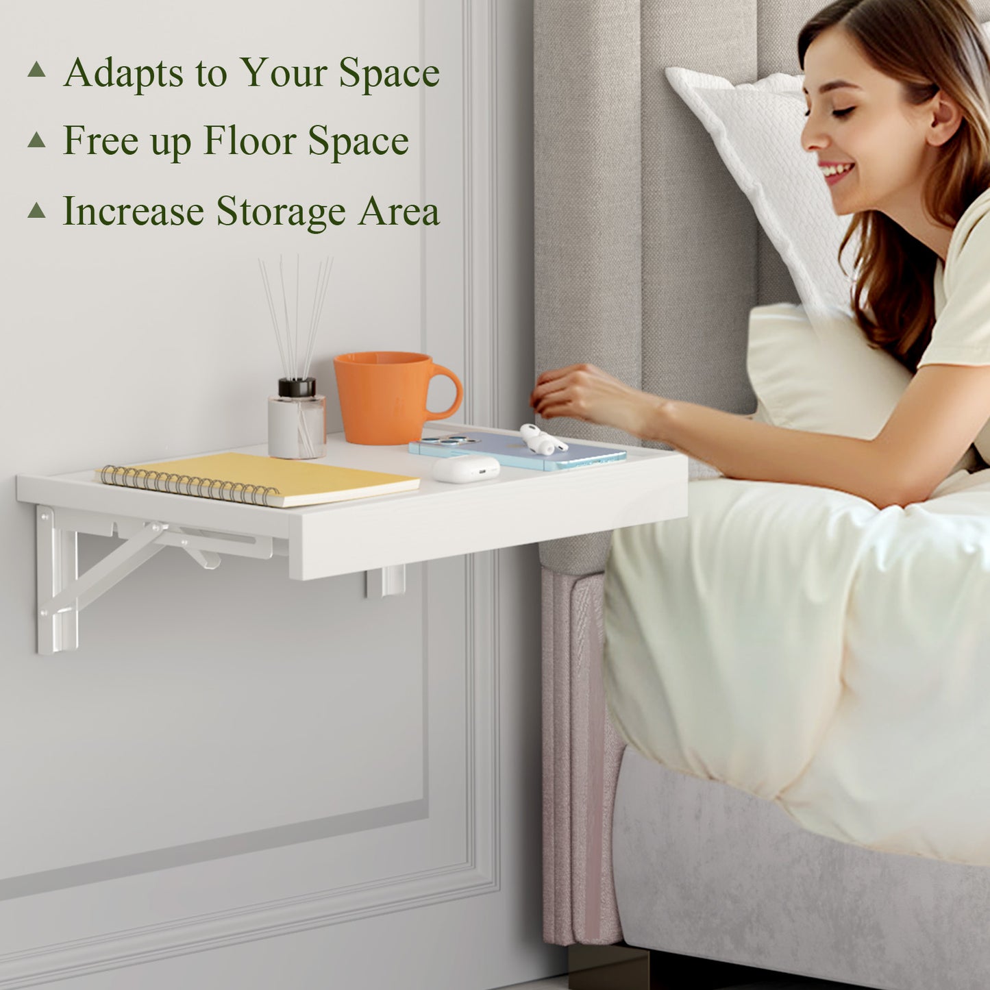 16.5''x12'' Wall Mounted Folding Bedside Shelf, Space Saving Tray. RSW430