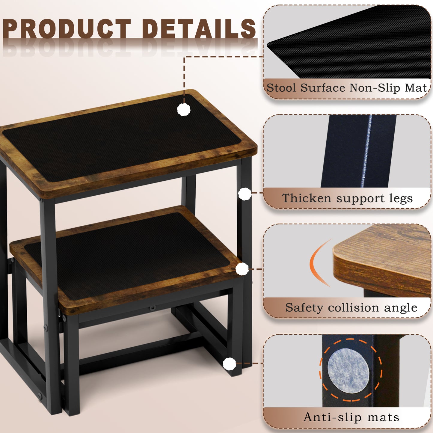 B2B Two Step Stool for Adults,Holds up to 500Lb,Wooden&Metal Frame. SK402