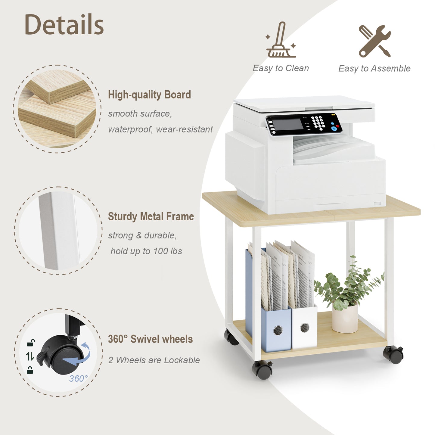 22"x15.75" Large Under Desk Printer Stand. 2-Tier Rolling Printer Cart with Wheels. KS200